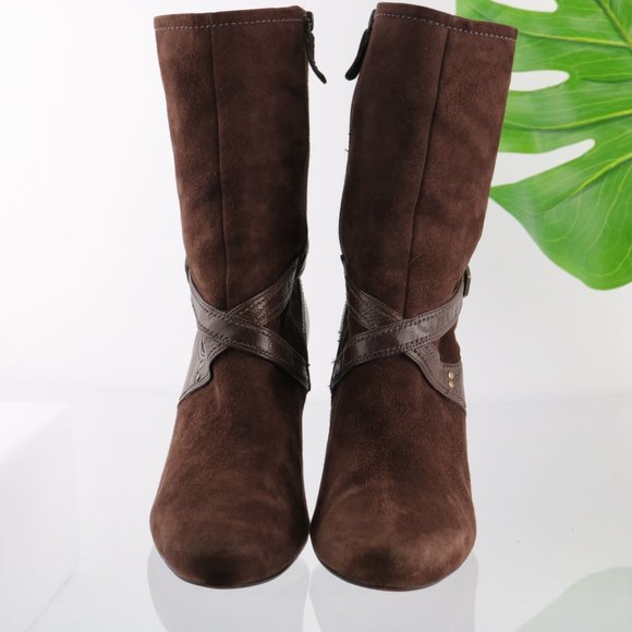 Cole Haan Dress Fashion Bootie Women 8 High Heel Brown Suede Harness Straps Zip - Picture 3 of 14